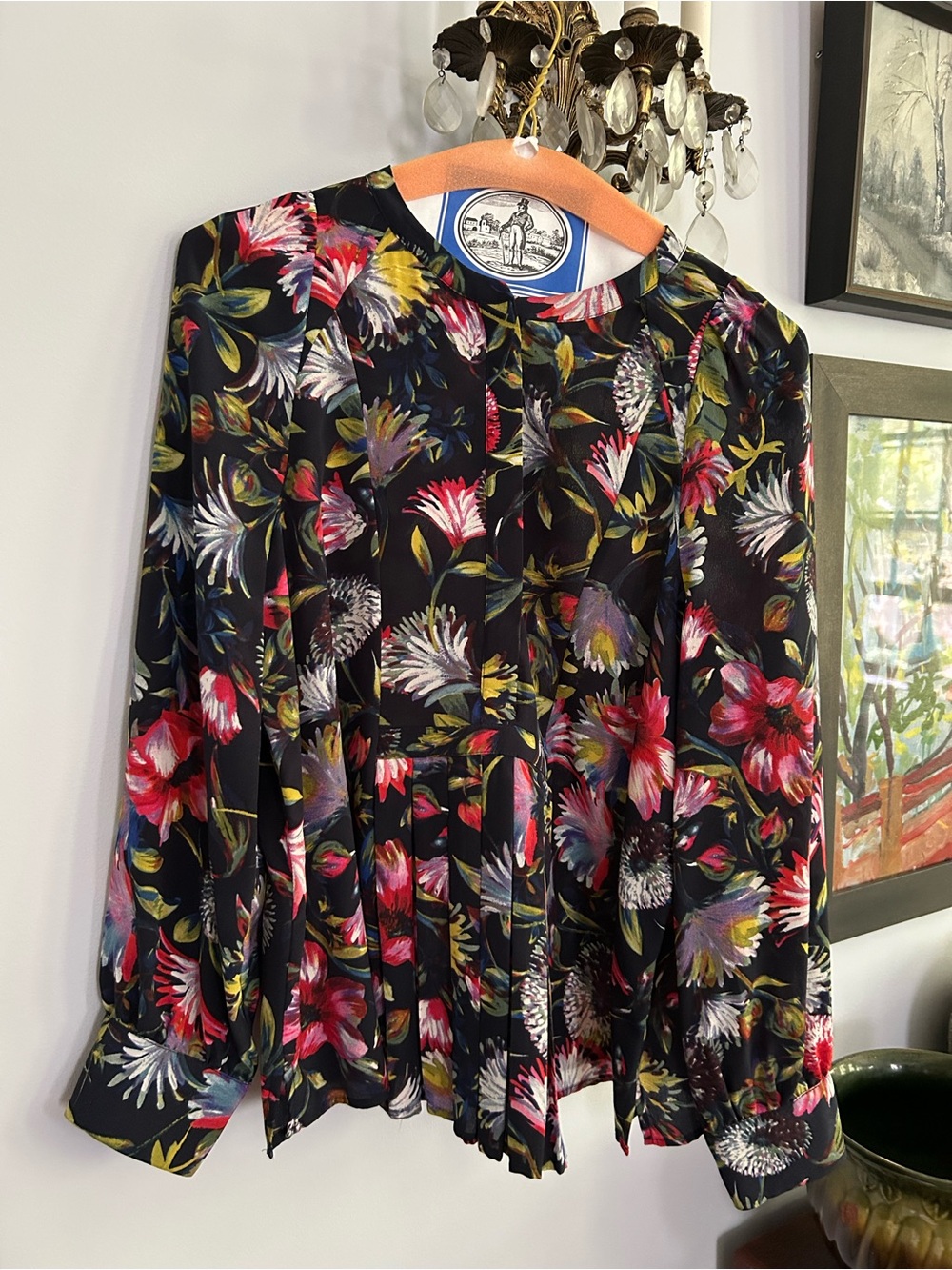 J. Crew 100% Silk Floral Pleated Long-Sleeve Blouse